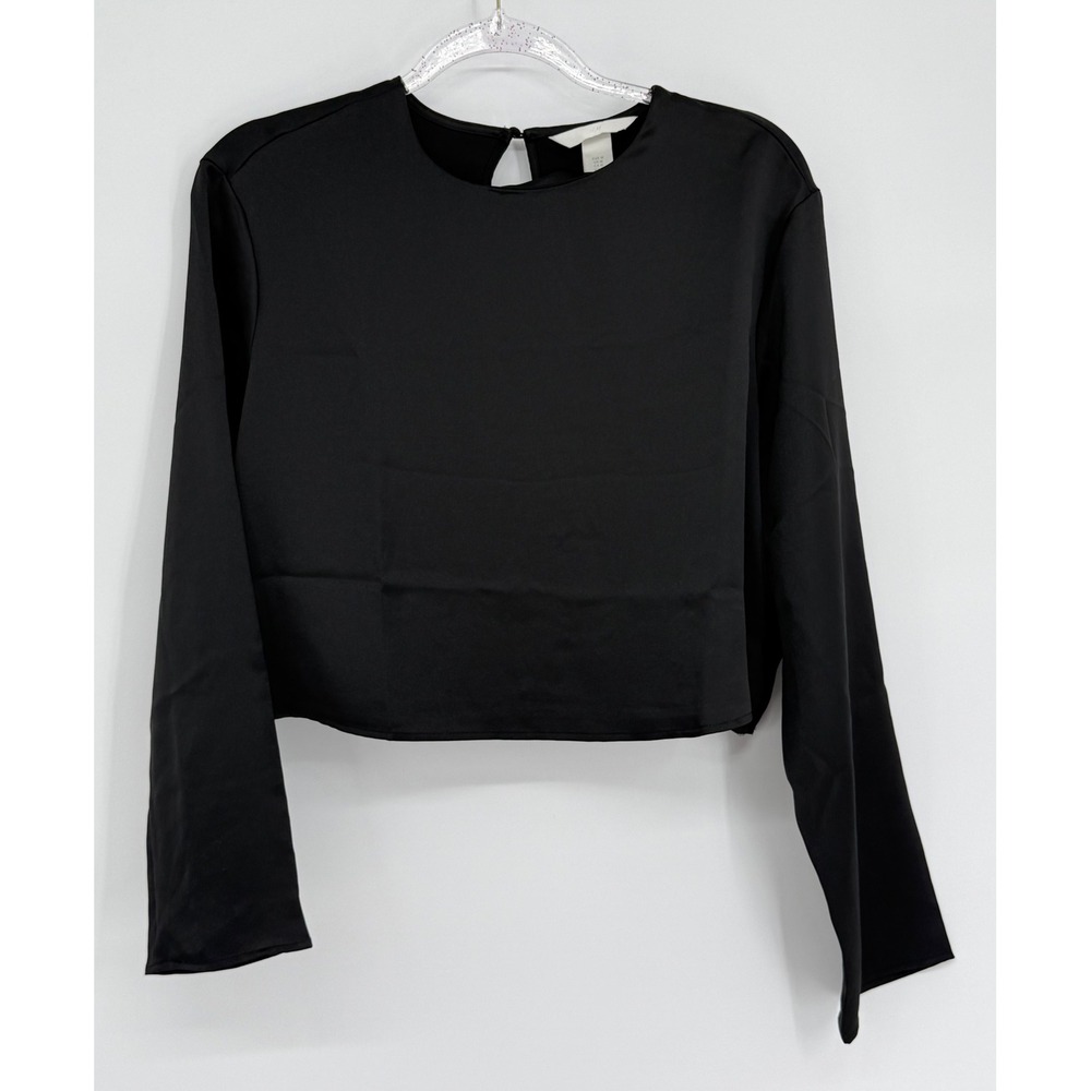 HM Womens Black Satin‎ Cropped Long Sleeve Blouse Keyhole Back Sz M NEW